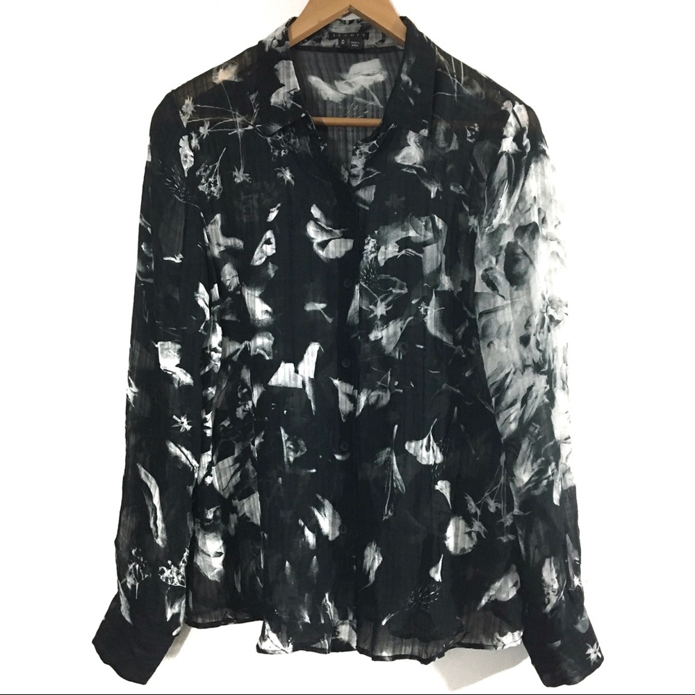 Theory Floral Silk Button Down Shirt Black Bamboo
